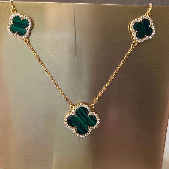 NWT Rachel Zoe 3 Clover Green Malachite/gold 18" necklace - Picture 2 of 3